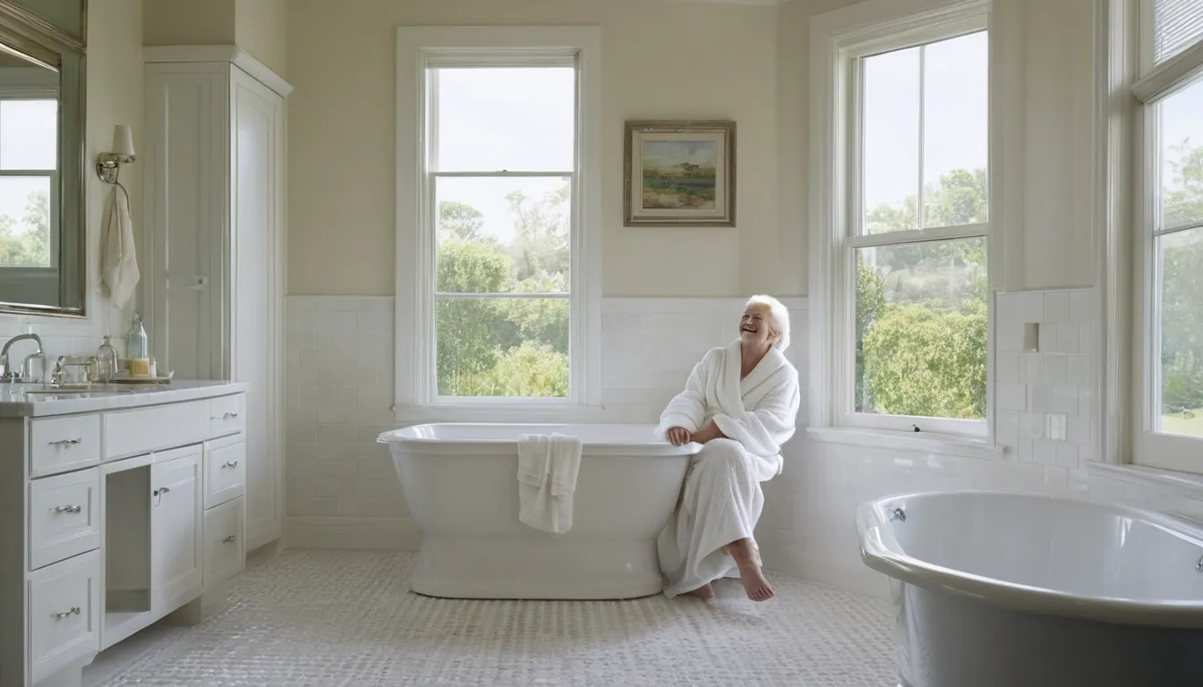 Smiling older homeowner sitting in a bright walk-in tub in a La Plata home